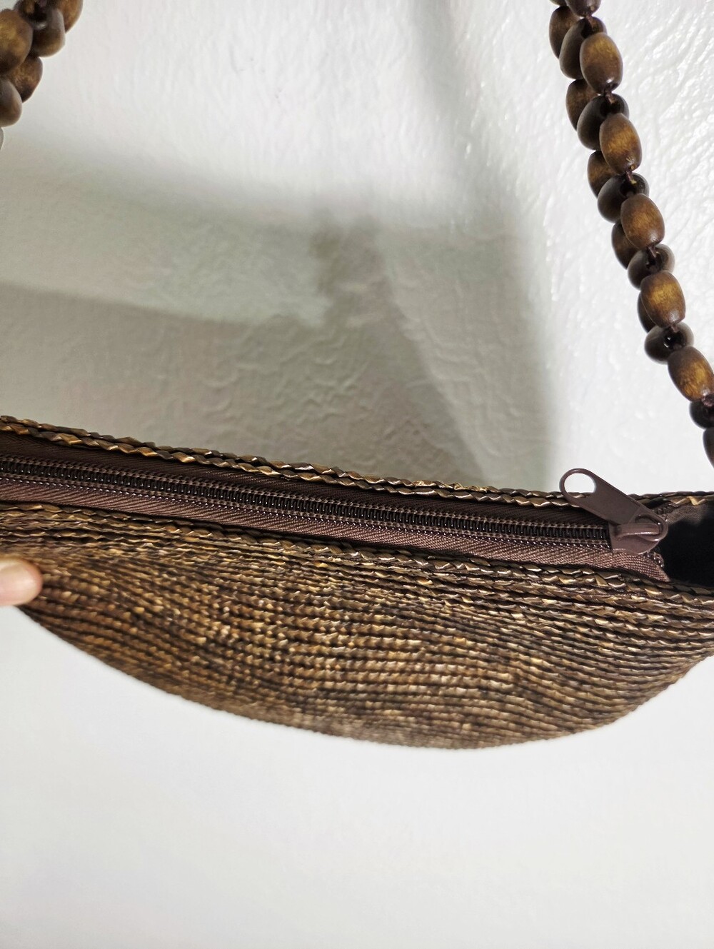 Brown Straw Purse with Beaded Strap - Picture 5 of 8